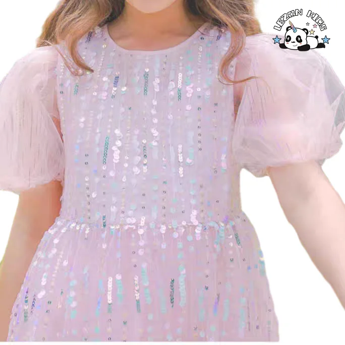LEZONKIDS - Customizable Wholesale New Product Sweet Short Sleeve Sequin Children Frock Design for 2 to 6 Years Old Girls